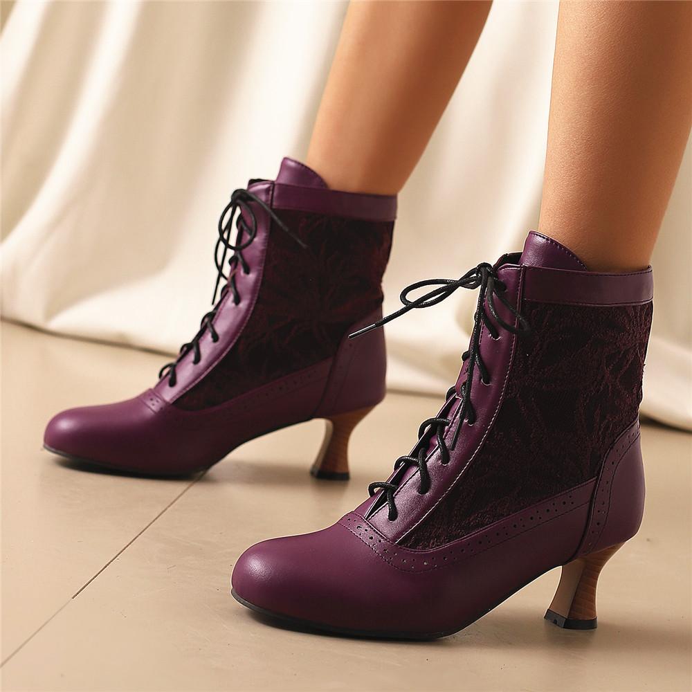 Fashion 2025 Women Victorian Pointed Toe Ankle Boots Leather Lace Hollow Out Punk Lace Up Strange Steampunk High Heel Shoes Size 34-46