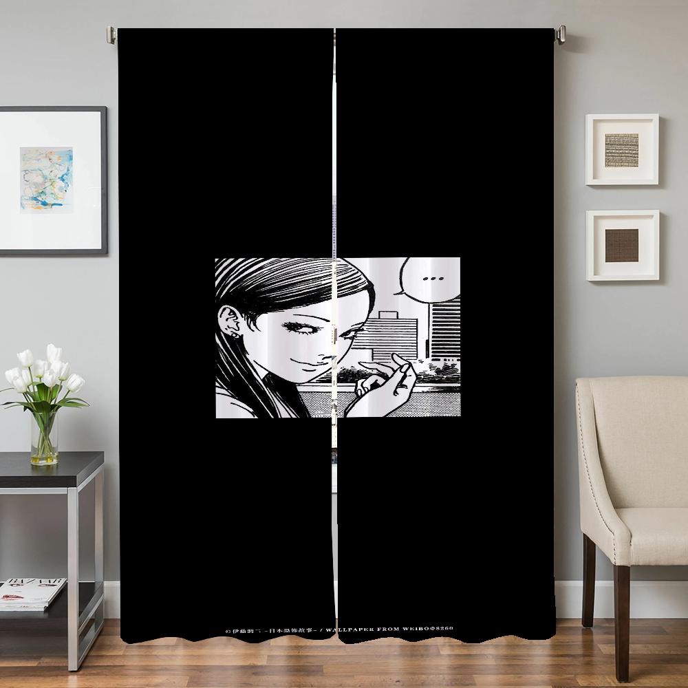 Home Interior Kitchen Curtains for Living Room 2 Pieces Blackout Curtains Door Curtain Junji Ito Bedroom Decoration Partition