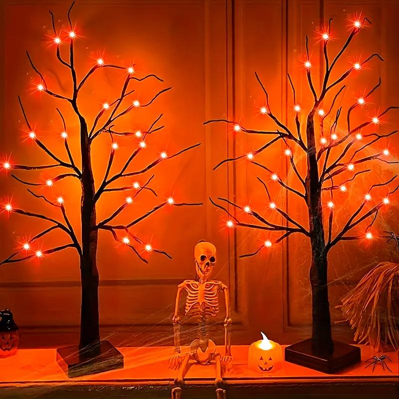 1pc Orange/Purple Glowing Halloween Birch Tree Light with 24L Black Branch Table Lamp Battery&USB For Indoor Holiday Decoration