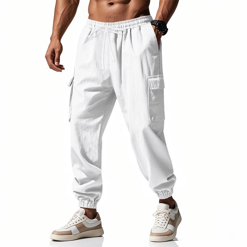 Men s Casual Tapered-Leg Multi-Pocket Drawstring Plain-Colour Oversized Workwear Trousers S белый
