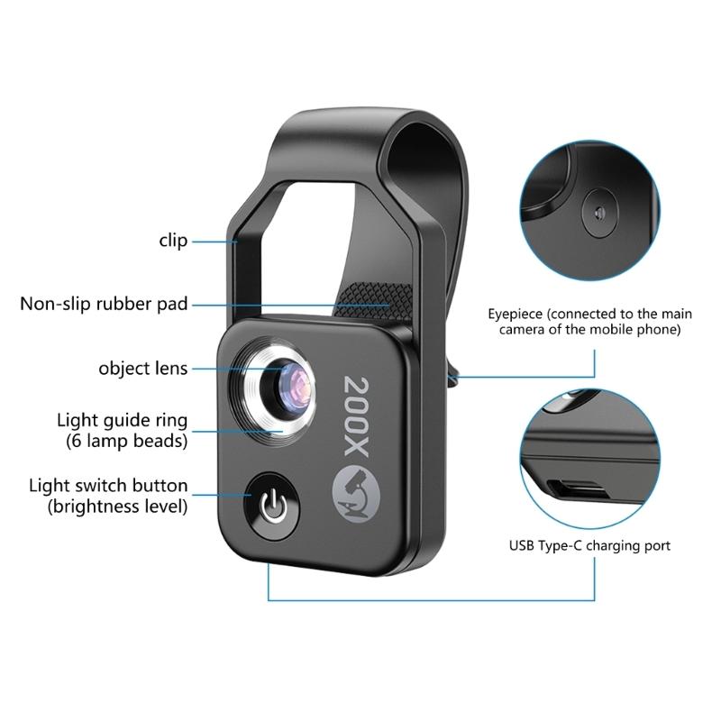 200X LED Lighted Pocket Microscope with Builtin LED Universally Smartphone Digiscoping Adapter Clip Macro Lens