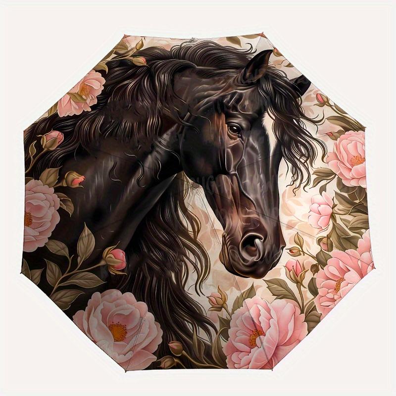 Horse Floral Themed, Eight Ribbed, Self Folding Umbrella Is Suitable for Everyday Outdoor Use and Is An Ideal Gift for Friends and Family, A