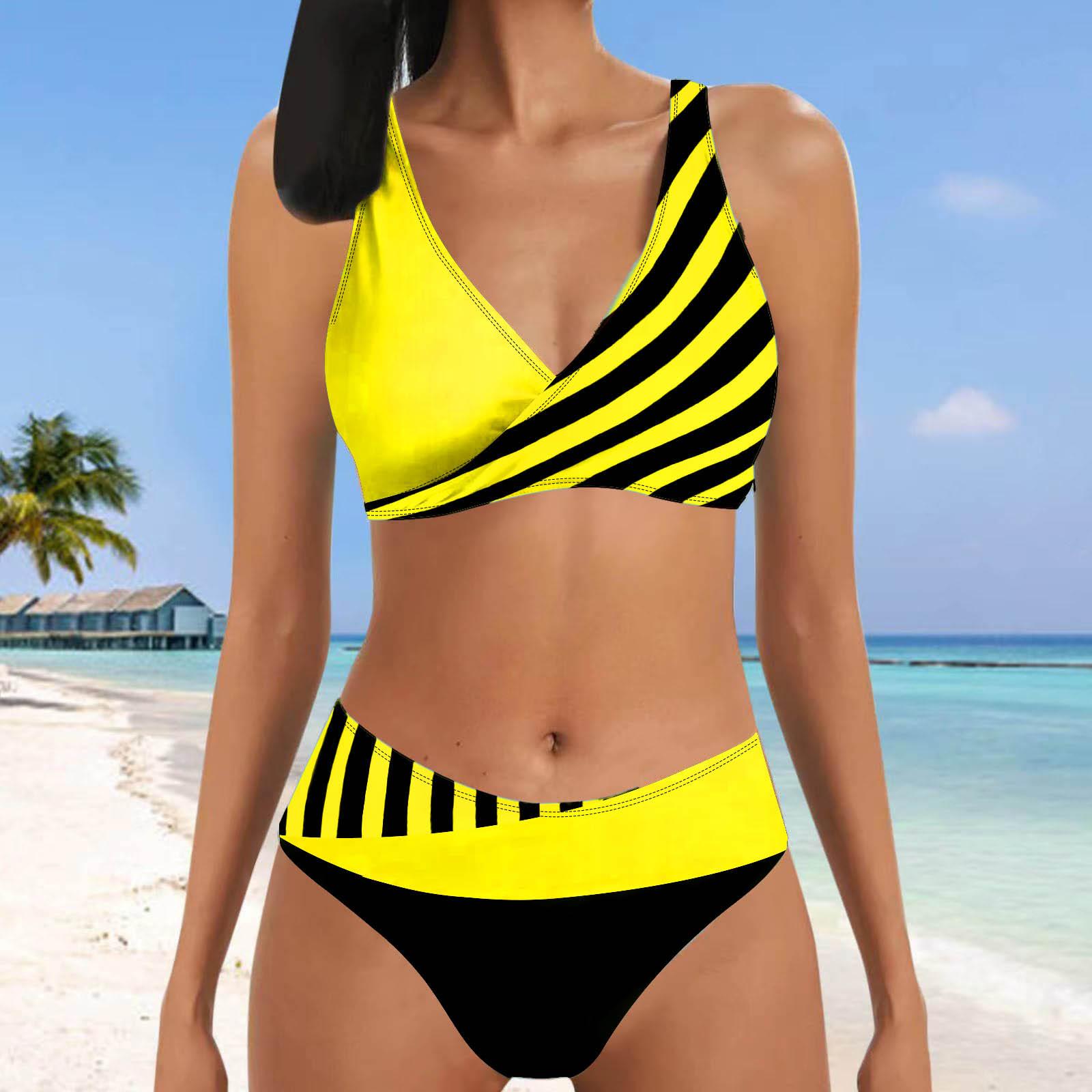 

Женский купальник-бикини-танкини с бретелькой на шее, черно-оранжевые полоски и принт 4XL