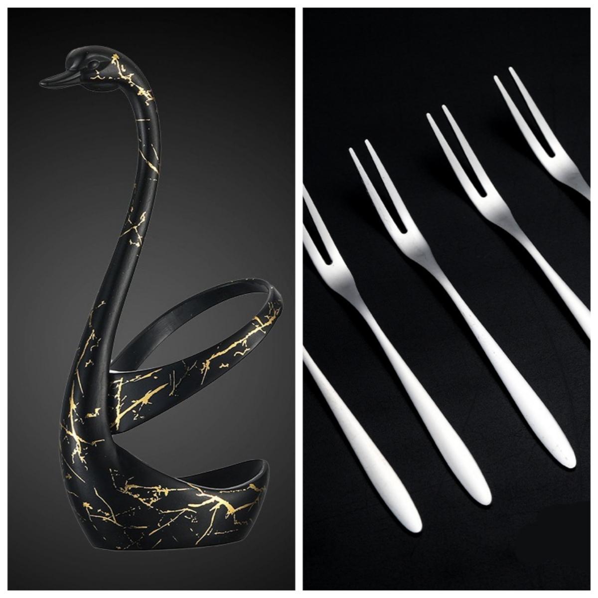 

Набор из 6 шт. Вилка для фруктов из нержавеющей стали, Десертная вилка, Вилка для торта с двумя зубцами, Креативная подставка-лебедь для хранения столовых приборов