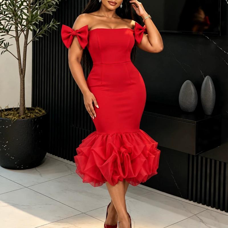 Women Elegant Off Shoulder Bow Tie Mermaid Mesh Bodycon Evening Party Dress