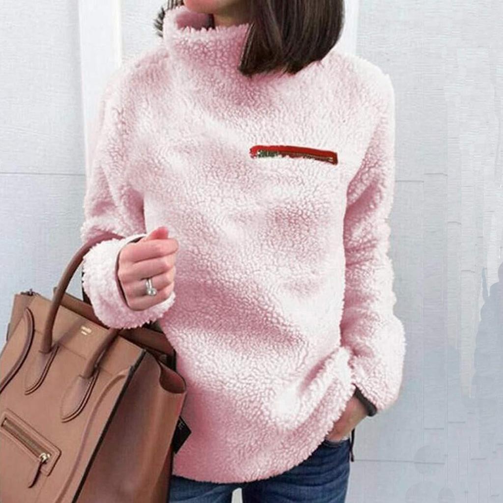Womens  Solid Color High Collar Sweatshirt Warm Long Sleeve Pullover Tops Plush Fleece Blouse With Zipper