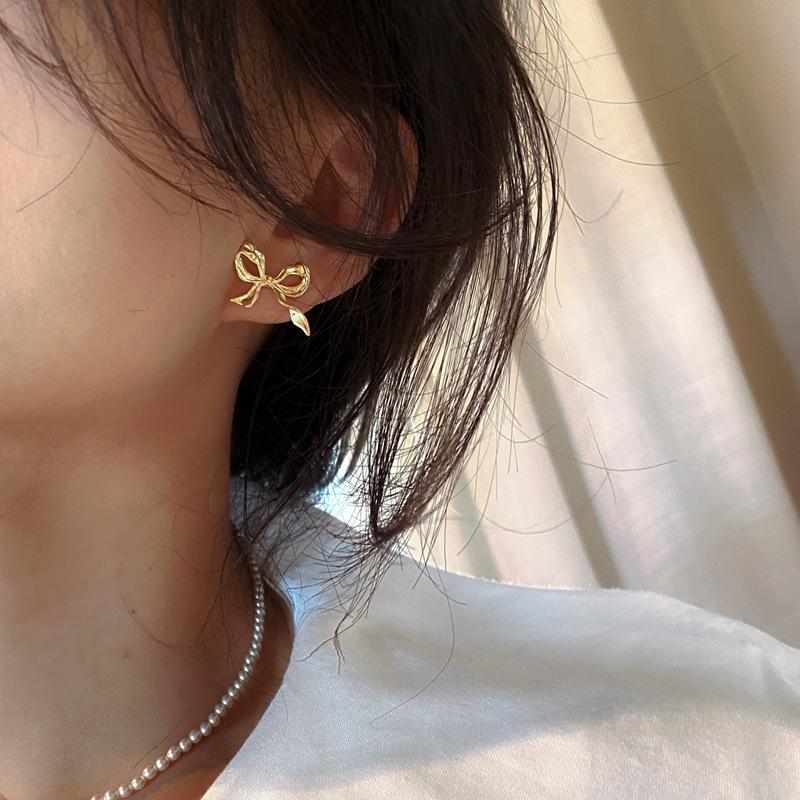 Stud Earrings Bow Japanese and Korean Earrings New Year Style Trendy and High-end Light Luxury Women's Style