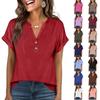 Women's Fashionable Casual Loose-Fit Short-Sleeved Button-Up V-Neck -Colour T-Shirt Top