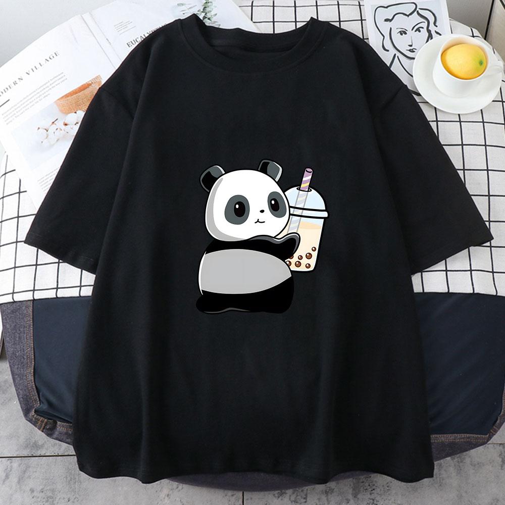 

Bubble Boba Milk Tea Summer New Cute Panda Printing Womens ONeck Short Sleeve Tops Comfortable Tshirt Regular Casual Clothes 2XL