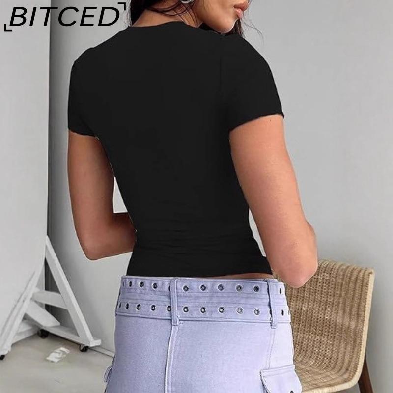 BITCED Damska koszulka z długim rękawem na lato: Stylowe topy z dekoltem O, dopasowane, do noszenia jako warstwa zewnętrzna