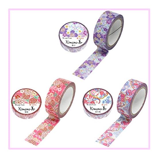 Kamiiso Sansho Made in Japan Washi Masking Tape, kimono-bi 3-Roll Set (Nadeshiko, Kiku-zakura, Nejir