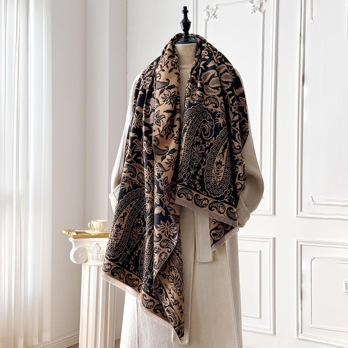 Écharpe de Luxe en Cachemire d'Hiver pour Femmes - Châle à Franges et Imprimé Grille, Chaud Wrap Pashmina & Poncho Foulard black
