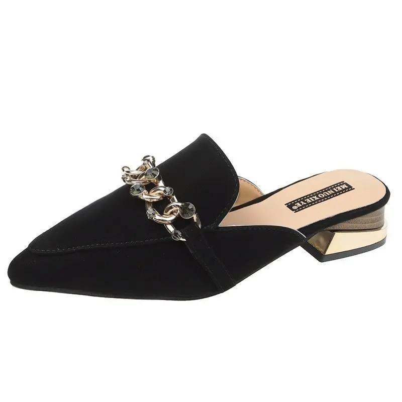 

Ladies Muller Slippers Pointed ToeMetal Chain Chic Office Ladies Shoes High Heels Low Heel Slippers Ladies s Shoes Summer 40 чорний
