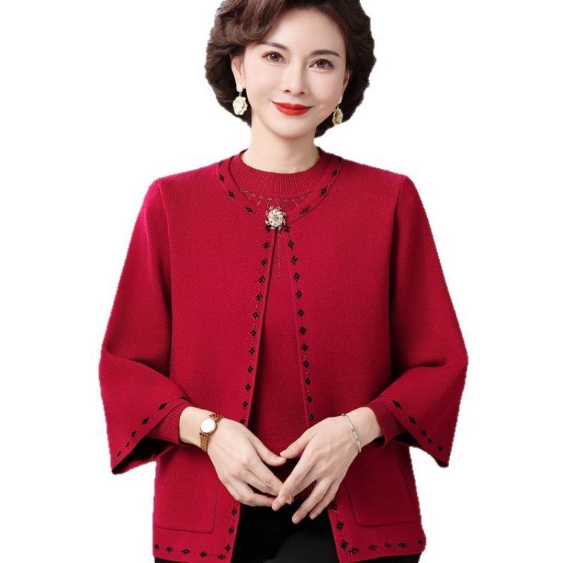 Middle-aged and Elderly Women's Autumn and Winter Sweater Fashion Cardigan Jacket Mother Autumn Knitting Two-piece Set