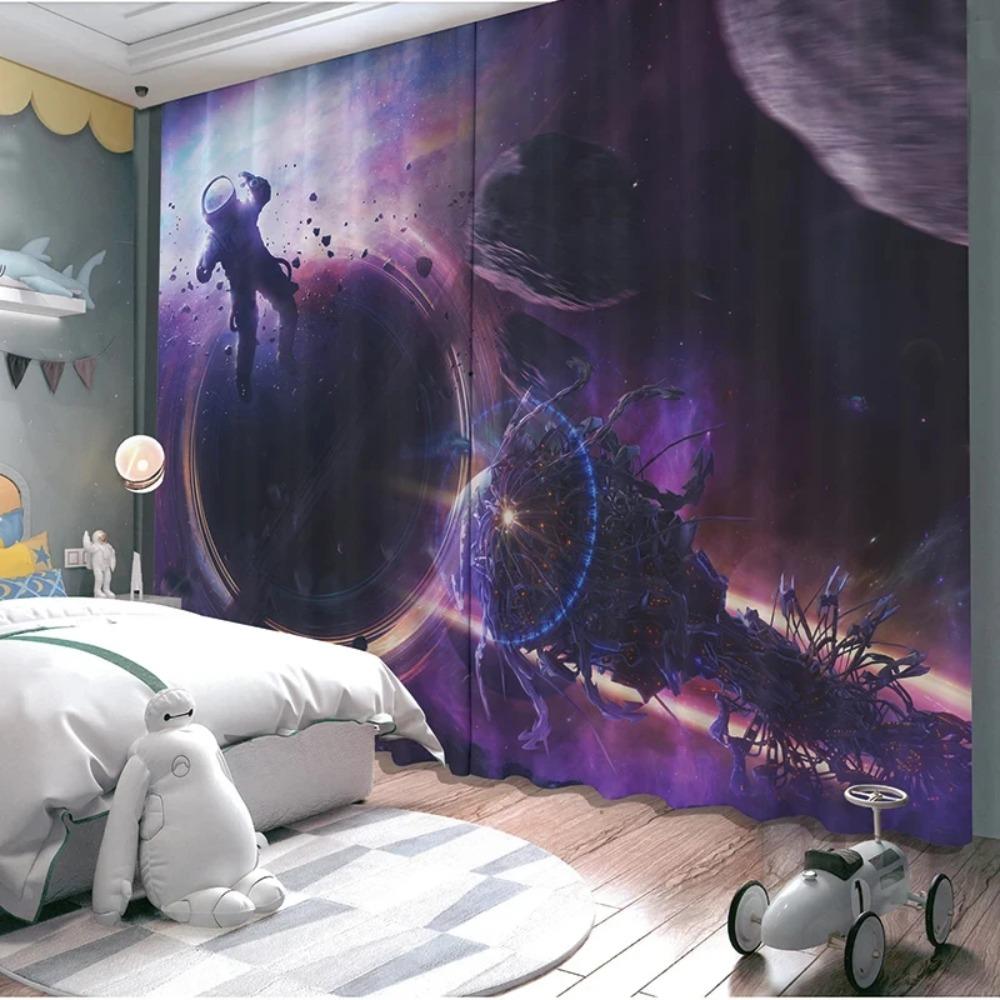 Cartoon High Shading Curtain Children's Room Boy Bedroom Astronaut New Bay Window Sunscreen Blackout Sound Insulation Drape 2Pcs