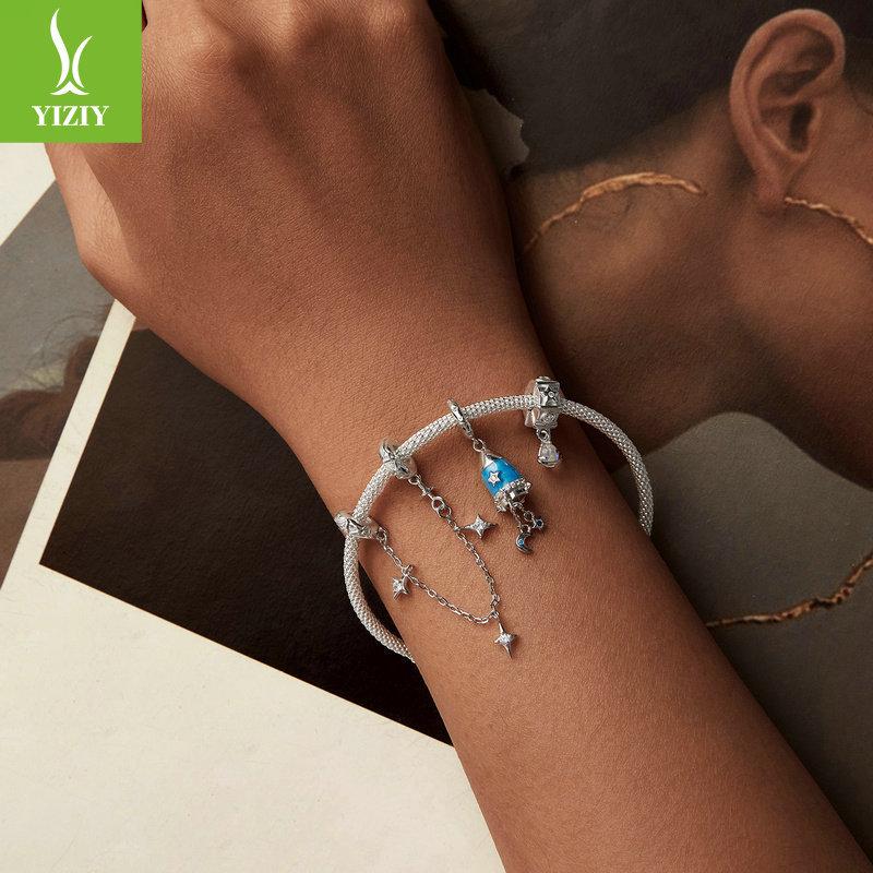Blue Star Moon Rocket Diy Pendant Accessories, Mysterious Universe S925 Silver Bracelet Beaded