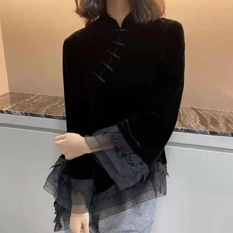 2024 New Chinoiserie Style Cheongsam Velvet Lace Jacquard Long Sleeve Top Stand Collar Slant Placket Button Spring Autumn Fashion Women
