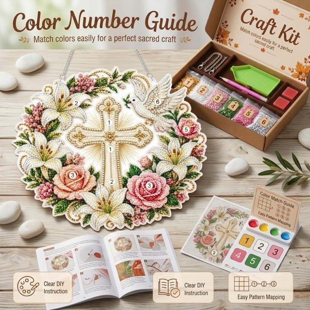 Cross, Flowers, and Peace Dove Diamond Painting Hanging Kit, Religious DIY Diamond Painting Light Catcher with Crystal Pendant
