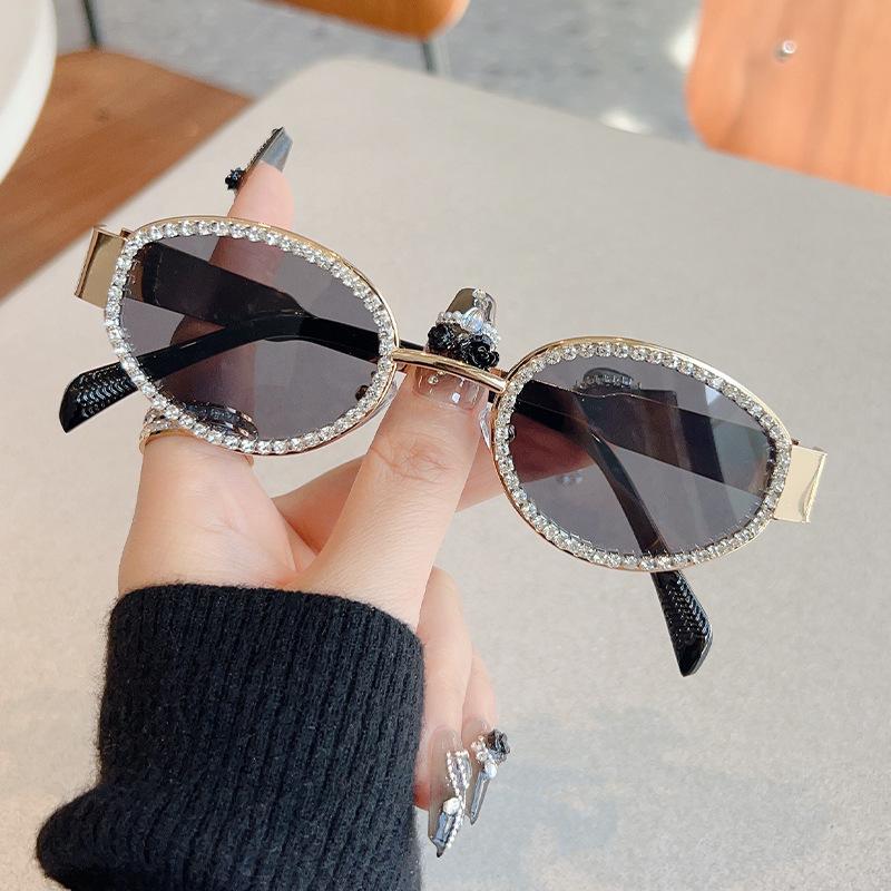 Drill Sunglasses Female Senior Feeling Ins Oval-Framed Metal Glasses Fashion European And N  Sunglasses