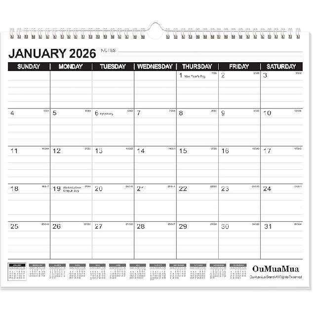 OuMuaMua Wall Calendar 2026, Calendar Wall 2026-2027, Jan. 2026 to Jun. 2027, 14  X 11.5  18-Month Paper Hanging Planner Wall with Thick Paper, Ruled 1 Pack