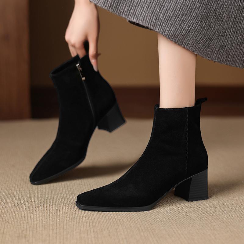 Krazing Pot Cow Suede Nubuck Winter Round Toe Chunky Heels Fashion Boots Women Zipper Retro Elegant Women Ankle Boots