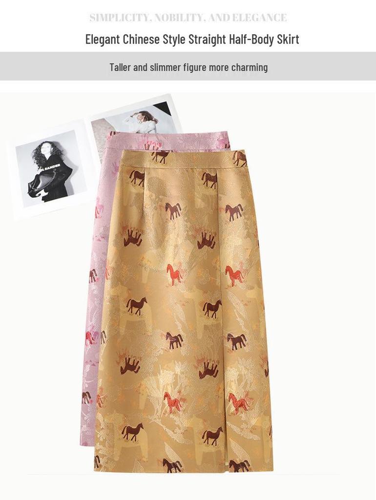 Women's Pink Chinese-Style High Waist Slit Print A-Line Skirt - Spring 2026