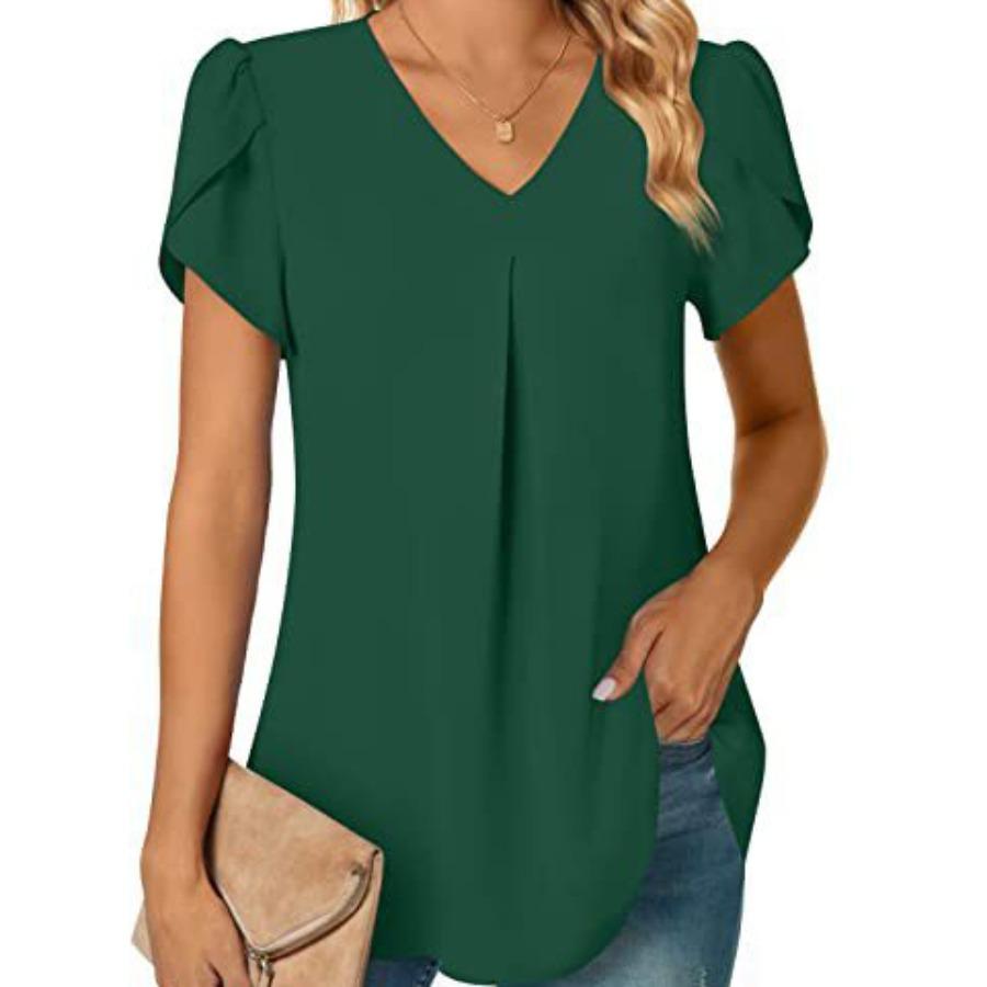 

Летняя рубашка с v-образным вырезом и рукавами-лепестками, женская однотонная блузка с коротким рукавом XXL зелёный