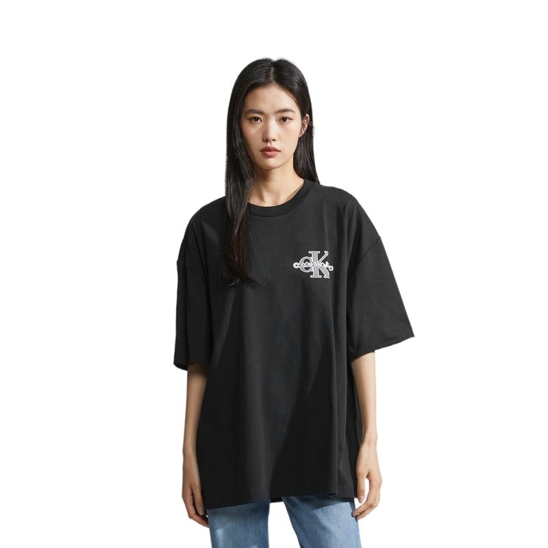 Calvin Klein Letter Print Crew Neck Short Sleeve T-Shirt Unisex Tops Space-Black J400321BEH