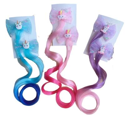 2PCS New Lovely Princess Rainbow Bow Unicorn Wig Girls Hairpins Children Headwear Hairgrip Hair Clips Barrettes Hair Accessories