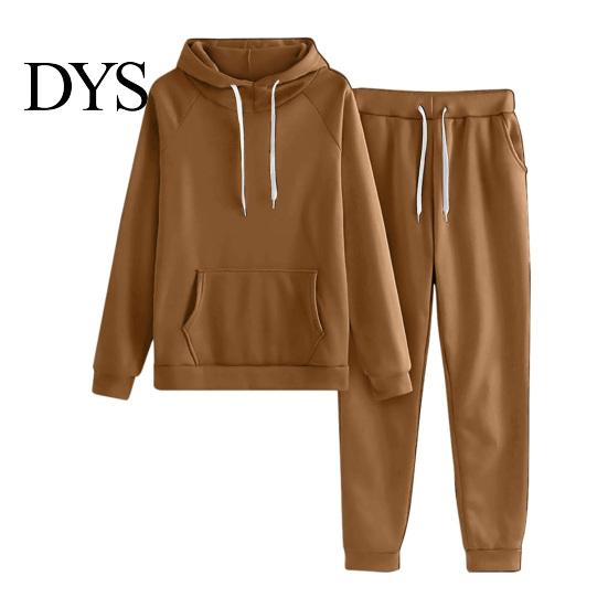 Women Casual Sports Suit 2 Pcs/Set Hoodie Pants Solid Color Plush Long Sleeves Thick Kangaroo Pocket And Leggings Top Elastic Waist Ankle-banded