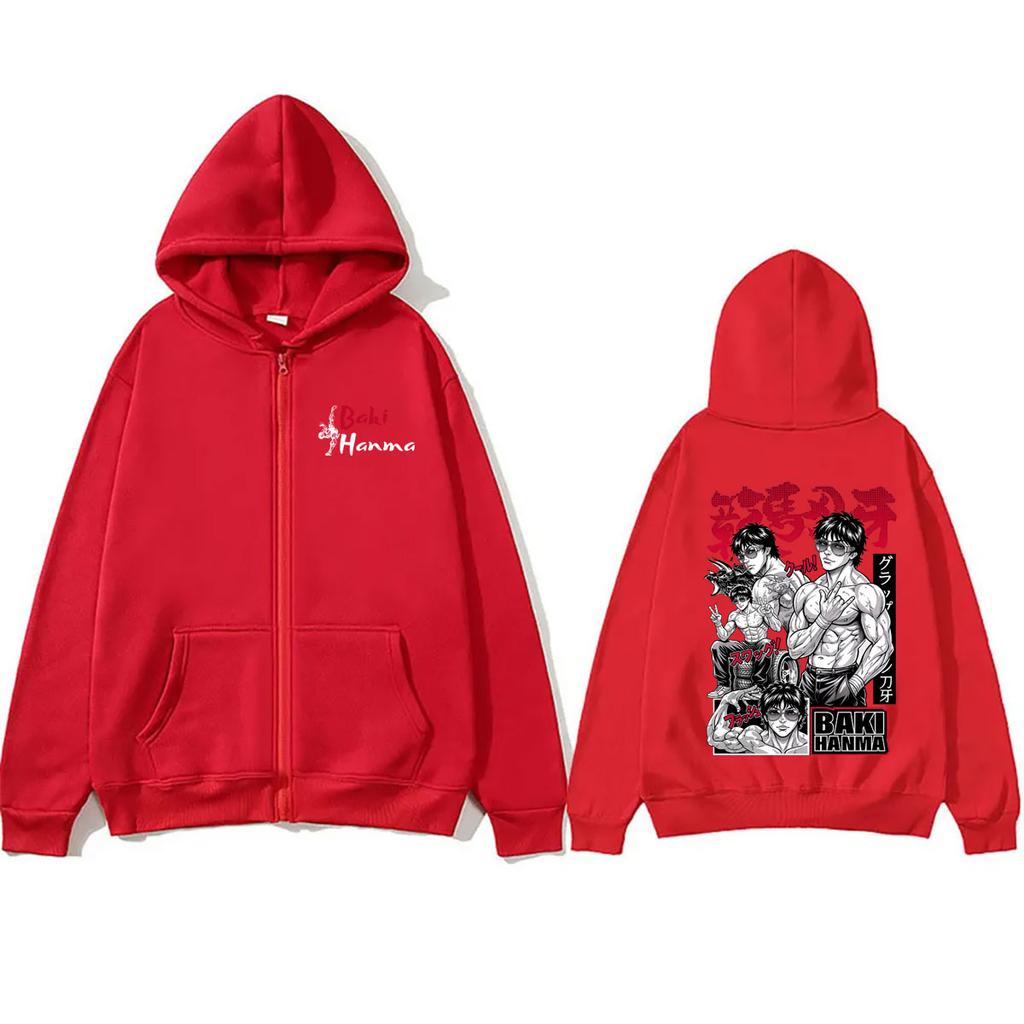 Anime Baki Hanma Graphic Zipper Hoodie Men'S Women'S Casual Manga Oversized Zip Up Jacket Coat Unisex Fashion Vintage Streetwear