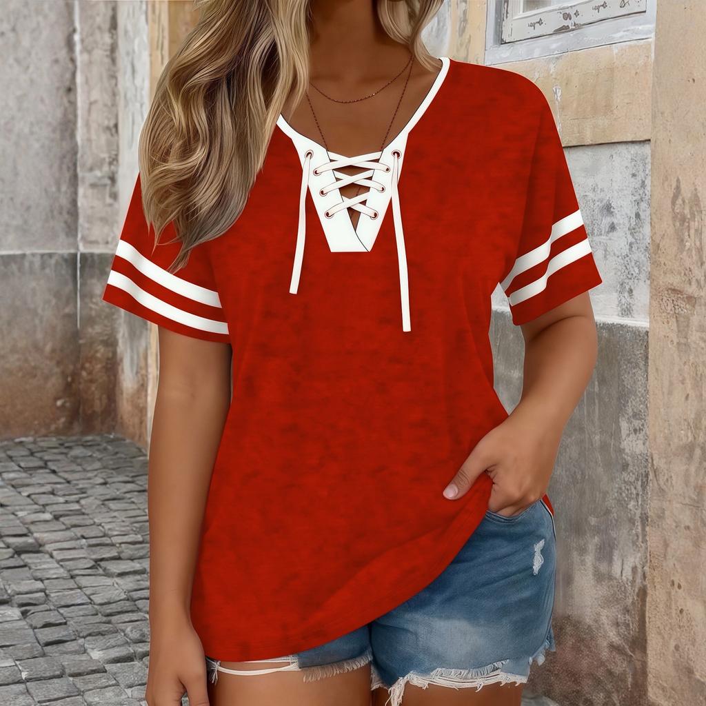 Women's Fashion V-neck Contrast Short Sleeve T-shirt Top