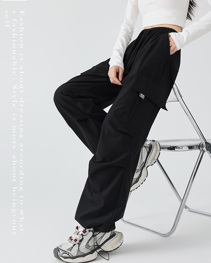 LUJPOIR Cargo Long Pants with Elastic Waist and Relaxed Loose Solid Autumn Women's Pants, Drawstring, Fit, Casual, Fit, Color, Spring, Summer, -