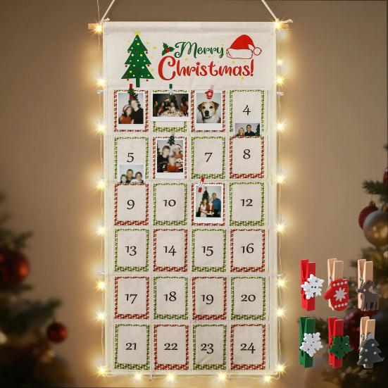 Christmas Picture Countdown Board Photo Advent Calendar with Christmas Clips Reusable Photo Display Collage Board with LED Light for Festival Memory