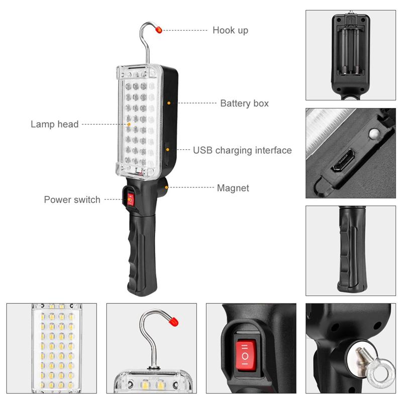 BAAU Portable USB Rechargeable Work Light COB Repairing Lamp with Magnet & Hook 34 LED Camping Lamp Flashlight