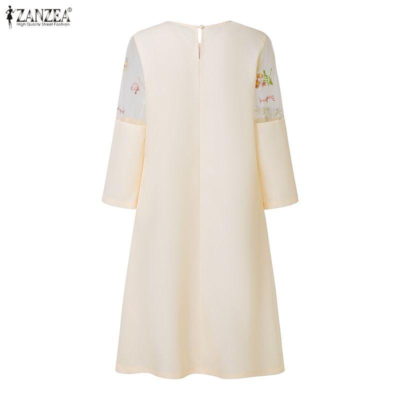 ZANZEA Damen Freizeit Rundhals 3/4 Ärmel Lockeres Printkleid