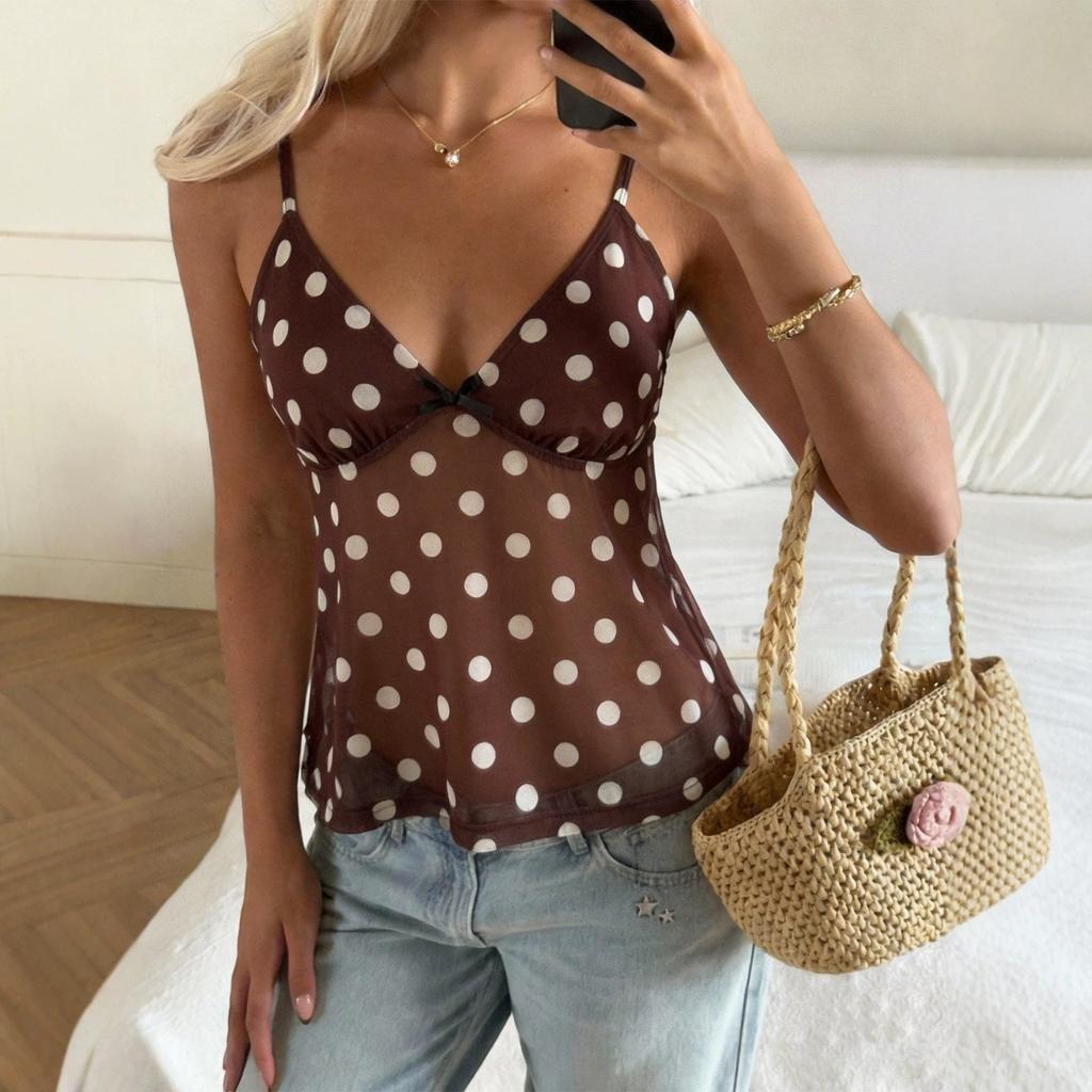 European and American Summer New Polka Dot Mesh Sling Vest Women's V-neck Waist Thin Spice Girl Short Top