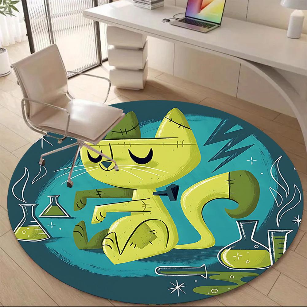 1pc Green Cat Office Round Area Rug, Under Office Chairs Bedroom Living Room Home Decor, Room Deco