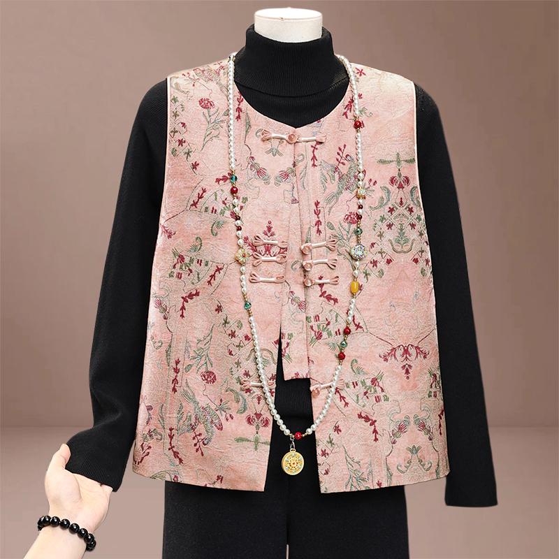 Mom s New Elegant Jacquard Frog Button Vest - Chinese Style for Middle-Aged & Elderly, Spring 2026 XL [Recommended 85-100 lbs]