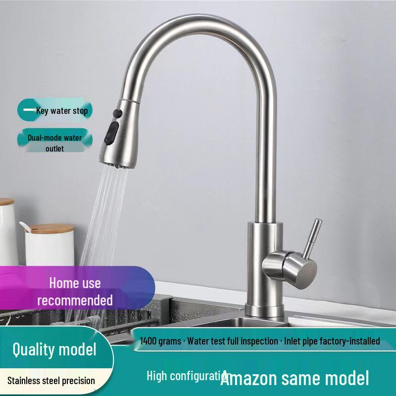 Stainless Steel Telescopic Rotatable Pull-Out Kitchen Faucet with Dual Water Outlets