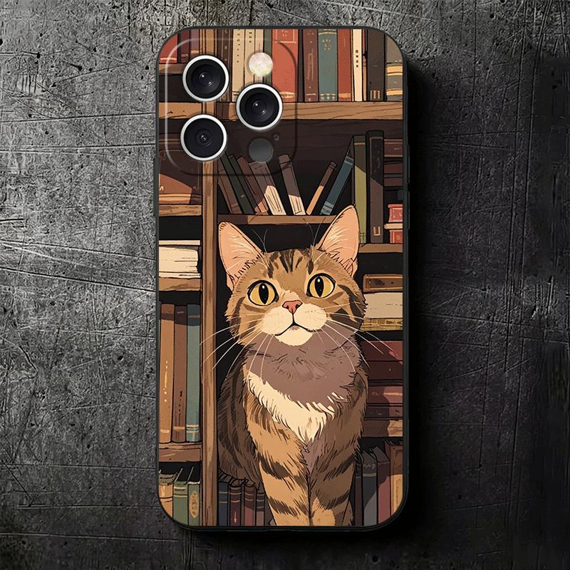Cute Cat Bookshelf Interesting Soft Phone Case for iPhone 16 16E 17 Air 15 Pro Max 14 Plus 13 Mini 11 12 7 Black Cover Back Shel
