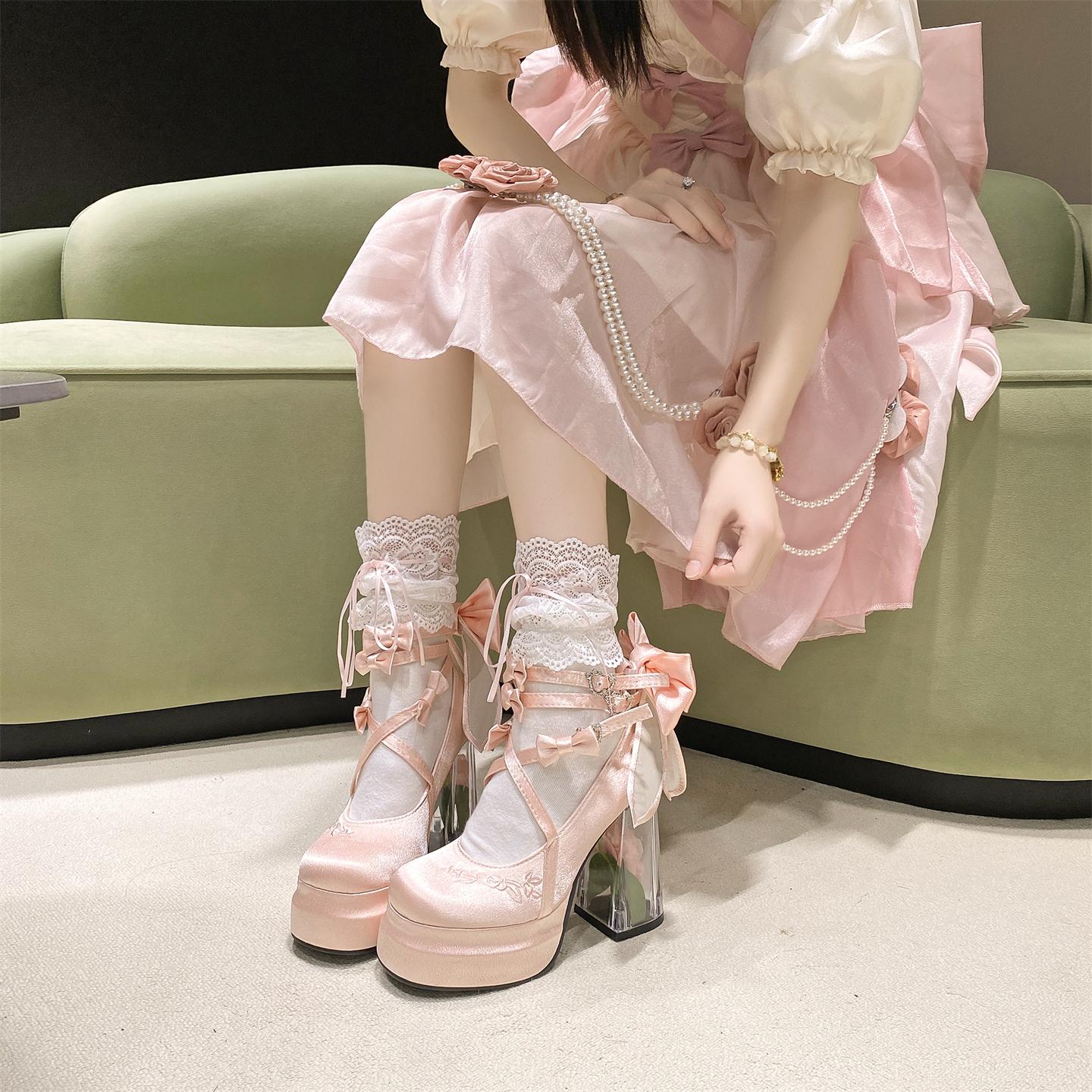 

Lolita Shoes Women Pink High Heels Shoes with Bow Tie Glass Flowers Heels Design Lolita Mary Janes Cosplay Shoes for Women 40 рожевий