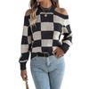 Damski sweter casual z odkrytymi ramionami, w kontrastową kratę, z długim rękawem