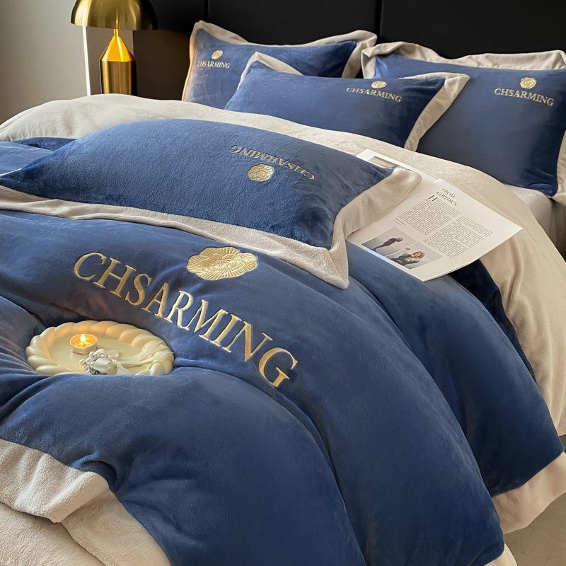 Light Luxury Embroidered Milk Fleece Bed Four-piece Set Winter Thickened Bed Sheet Quilt Cover Pillowcase