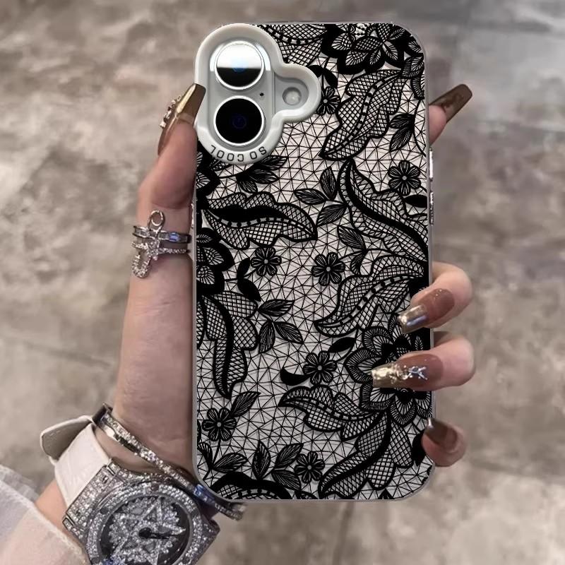 Black Lace Pattern Phone Case For iPhone 17 16e 16 15 14 mini Pro Max X XR XSMAX 8 7 Air Plus Anti Fall Matte Cover