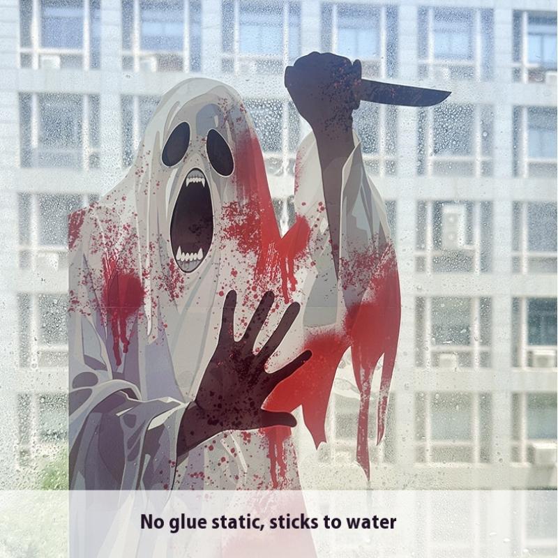 2025 Halloween Static Cling Stickers Scary Ghost Woman Bloody Handprint Window Decals For Spooky Party Home Decor