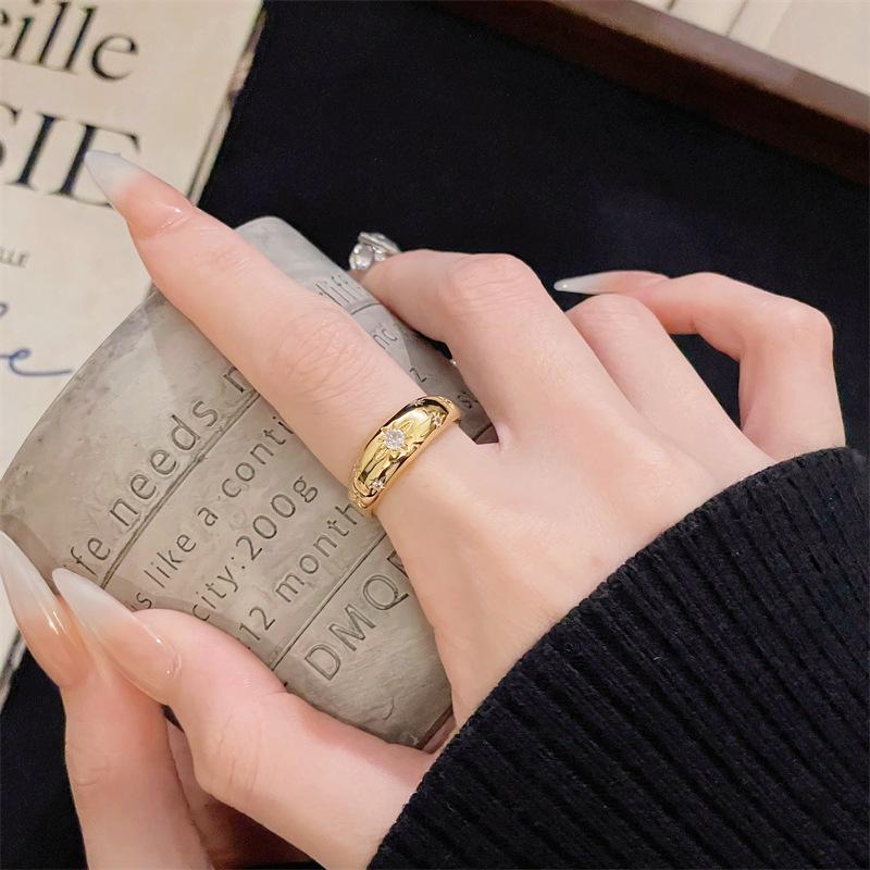 Noble And Simple Medieval Brushed Open Ring Light Luxury High Sense Retro Fashion Diamond Set Niche Design Ring Woman