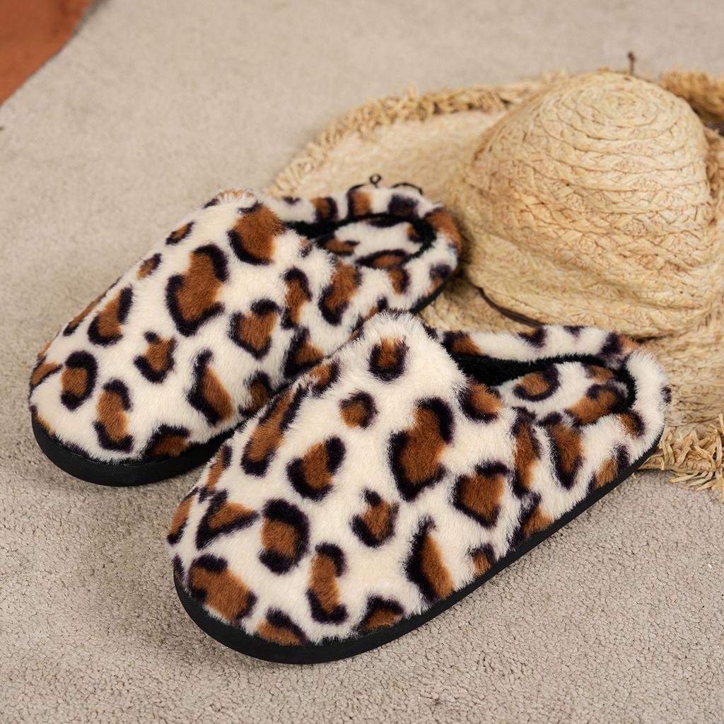 Leopard Color Fluffy Slippers For Women Men Witner Home Floor Shoes Warm Faux Fur Anti-slip Couples Indoor Cotton Slipper