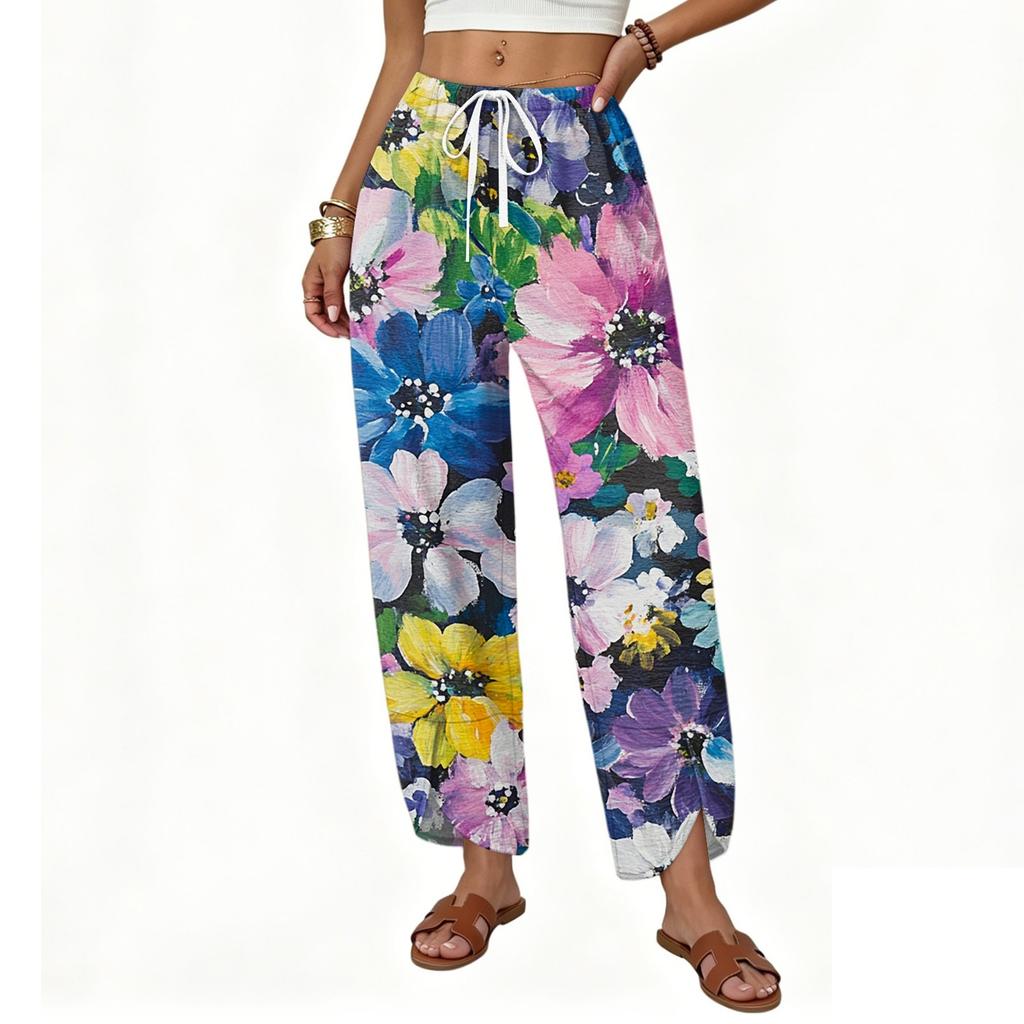 Women Casual Straight Leg Wide Leg Loose Fit Drawstring Floral Print Pants Lightweight Comfortable Trousers for Daily Wear