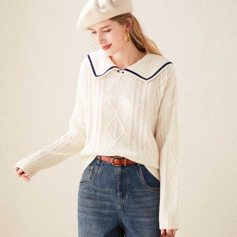 TUHUANG Women's Pure Wool Cable Knit Sailor Collar Sweater